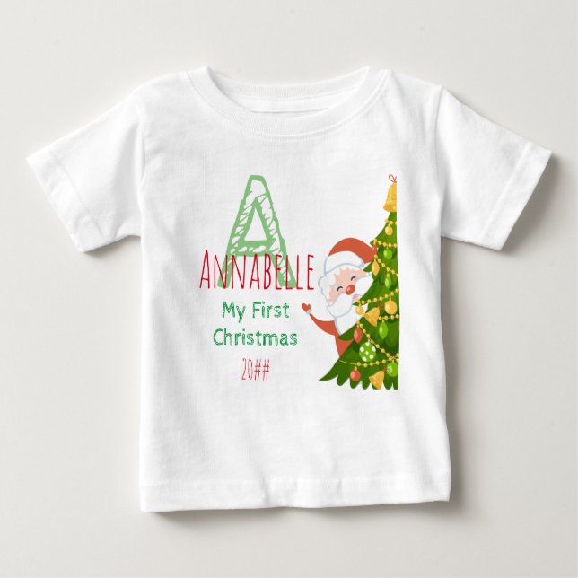 Erste Weihnachtsgrün Rot Editable Monogramm Baby T-shirt (Vorderseite)