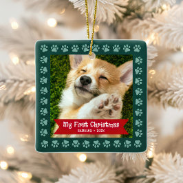 Erste Weihnachtsjunge Welpen Foto Paws Green Custo Keramikornament