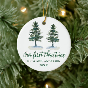 Erste Weihnachtskalligrafie Wasserfarbe Zwei Pinie Keramik Ornament