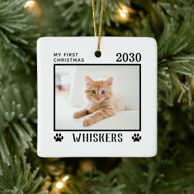 Erste Weihnachtskatzen Foto Name Paw Prints Custom Keramikornament (Baum)
