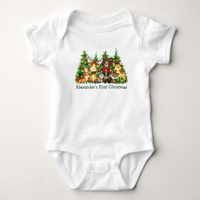 Erste Weihnachtslichter Bow Wald Tiere Baby Strampler (Vorderseite)