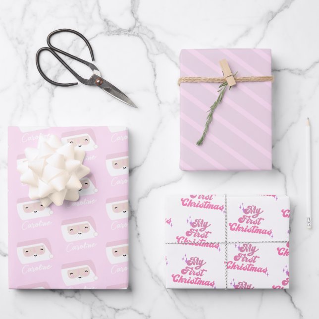Erste Weihnachtsmädchen Pink Custom Geschenkpapier Set (Vorderseite)