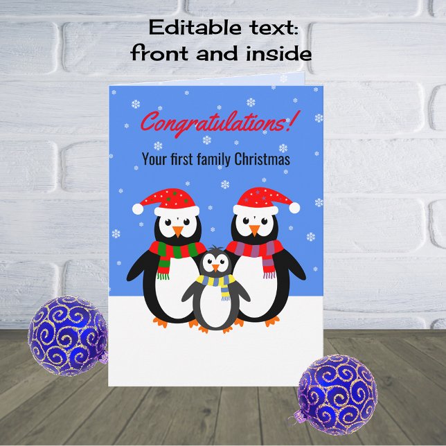 Erste Weihnachtspinguin-Familie bearbeitbarer Text Feiertagskarte (Von Creator hochgeladen)