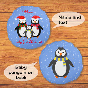 Erste Weihnachtspinguine in Ihrem Text zweiseitig  Rundes Kissen