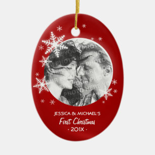 Erste Weihnachtsschneeflocke-Fotoverzierung Keramik Ornament