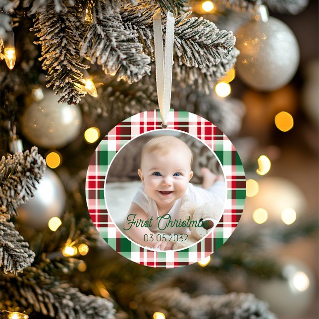 Erste Weihnachtsschrift Klassisches rustikales Mus Ornament ( Cute Baby's First Christmas holiday photo ornament, green, red, white, classic rustic.)
