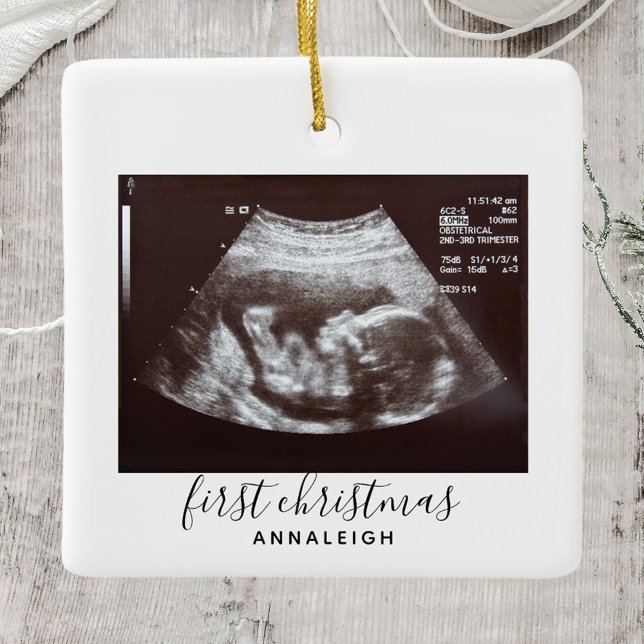 Erste Weihnachtsschwangerschaft Ultrasound Foto Cu Keramikornament (First Christmas Baby Sonogram Custom Square Ceramic Ornament)