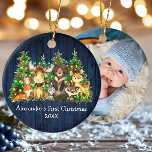 Erste Weihnachtswaldtiere leuchten blaues FOTO Keramik Ornament
