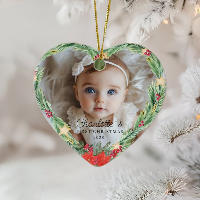 Erste Weihnachtszeit des Babys - Foto Keramik Ornament (Baby's First Christmas – Photo - Heart - Ceramic Ornament.)