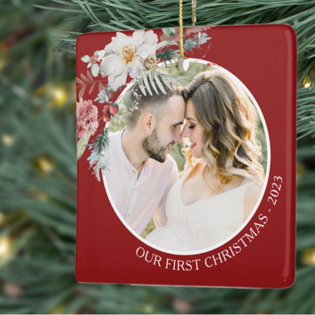 Erste Weihnachtszeit Keramikornament (Elegant Red Photo Holiday Christmas Ornament Watercolor Botanical Floral Berries)