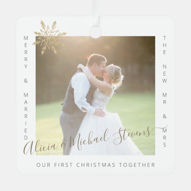 Erste Weihnachtszeit Mr. and Mrs. verheirateten Pa Ornament Aus Metall (Vorderseite)