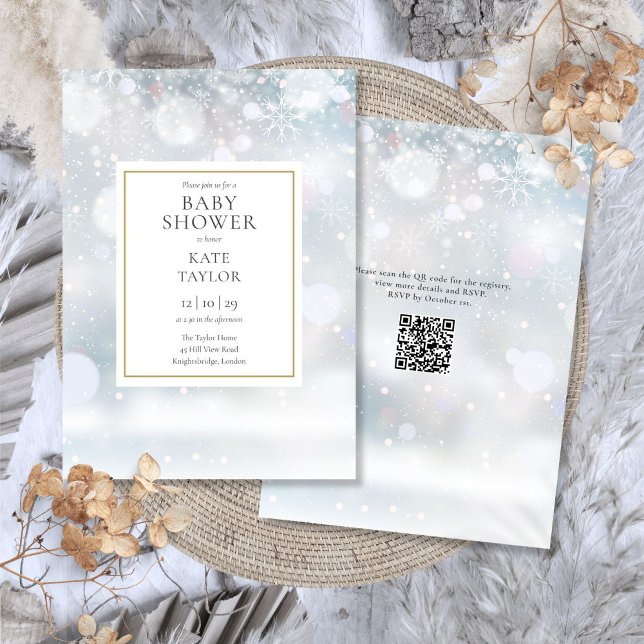 Erste Winter Snowflakes QR Code Kinderdusche Einladung (First Winter Snowflakes QR Code Baby Shower Invitation)