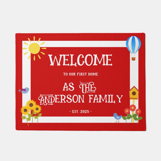 Erste Zuhause Welcome Typografy Sunflower Red Whit Fußmatte (Vorderseite)