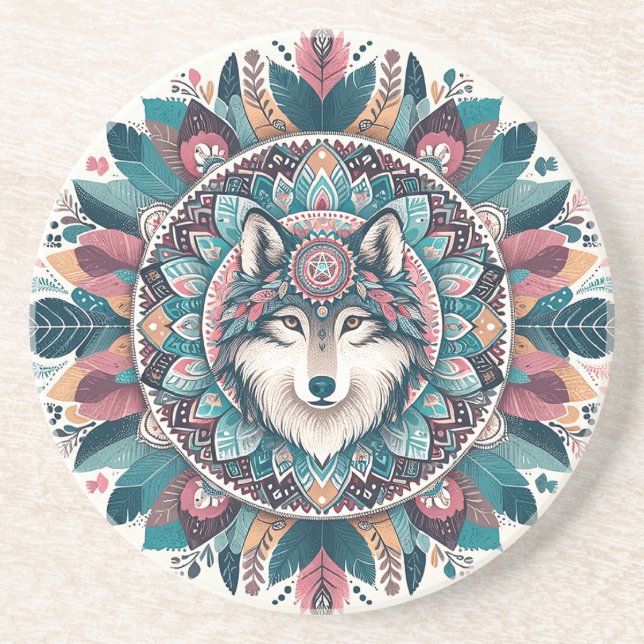 Erstelle Dein eigenes Boho-totemisches Wolf-Mandal Getränkeuntersetzer (Vorne)