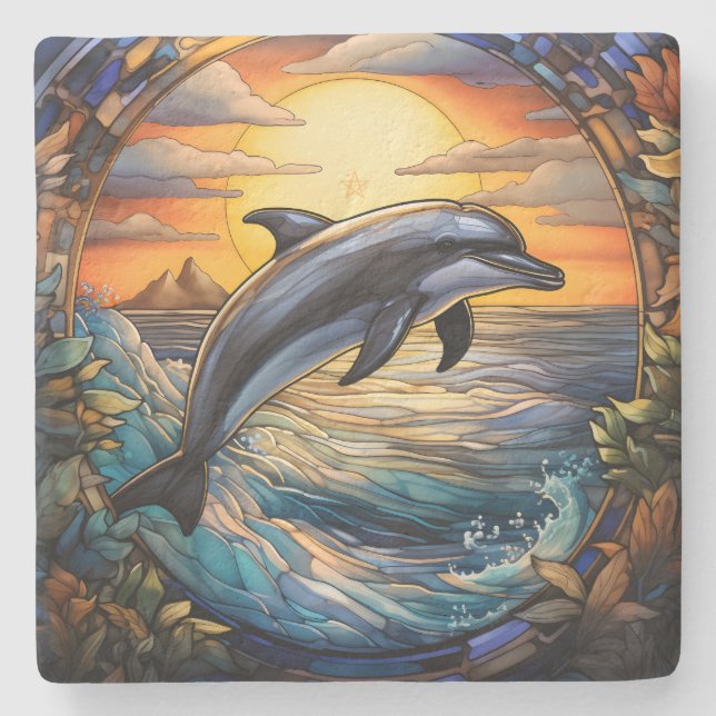 Erstelle Dein eigenes falsches Buntglas Delfin Mor Steinuntersetzer (Vorderseite)