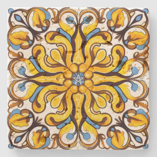 Erstelle Dein eigenes vintage Blau-Ocker-Ornament Steinuntersetzer
