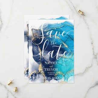 Erstelle deine eigene Blue Gold Alcohol Ink Hochze Save The Date
