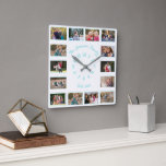 Erstellen einer individuellen Aquamarinen Baby-Col Quadratische Wanduhr<br><div class="desc">Erstellen Sie Ihr eigenes individuelles, personalisiertes, aquamarines und weißes Typografie-Schriftart-Skript, Familie 14 Foto Collage Sake quadratische Wanduhr. Um Ihre Wünsche anzupassen, geben Sie einfach Ihren Familiennamen & Jahr ein und fügen Sie vierzehn Ihrer Lieblings-Familie / Kinder / Baby / Haustiere / Ehepaar / Hochzeit Fotos. Während Sie hinzufügen / Design,...</div>