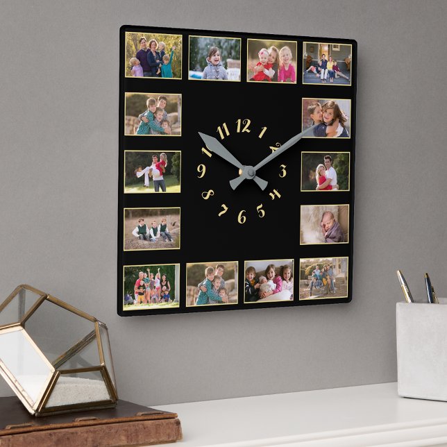 Erstellen Sie 14 Foto Collage Gold Black Family Ke Quadratische Wanduhr (Create 14 Photo Collage Gold Black Family Keepsake Square Wall Clock)