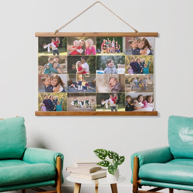 Erstellen Sie 16 Foto Collage Family Baby Mit Mono Wandteppich Mit Holzrahmen (Create 16 Photo Collage Family Baby Monogrammed Hanging Tapestry)