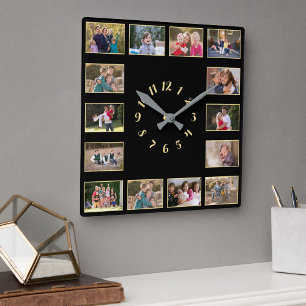 Erstellen Sie ein Familienandenken aus 14 Fotos in Quadratische Wanduhr