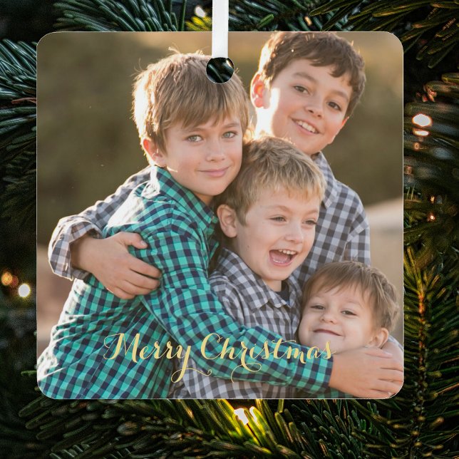 Erstellen Sie Familienjunges Foto Elegante Goldene Ornament Aus Metall (Create Family Photo Elegant Gold Script Christmas Metal Ornament)
