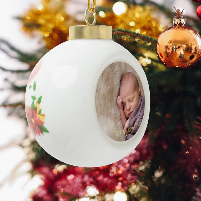 Erstellen Sie für Baby das erste Foto mit elegante Keramik Kugel-Ornament (Create Baby's First Photo Elegant Gold Text Custom Ceramic Ball Christmas Ornament)