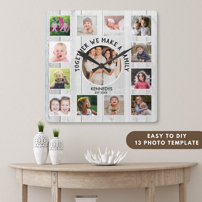 Erstellen Sie Ihr eigenes 13 Foto Collage Zitat We Quadratische Wanduhr (13 Photo collage family quote rustic wood clock)
