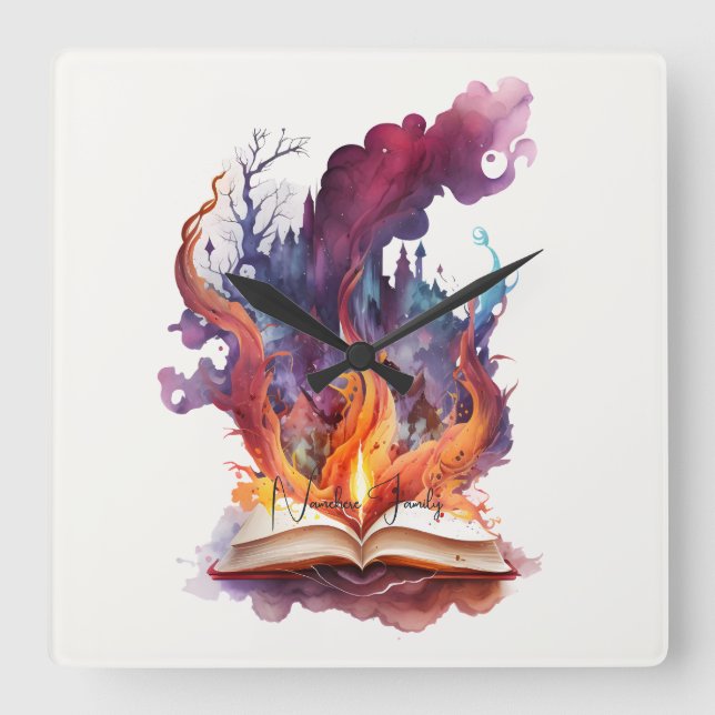 Erstellen Sie Ihr eigenes Feuerzauberbuch Quadratische Wanduhr (Vorderseite)