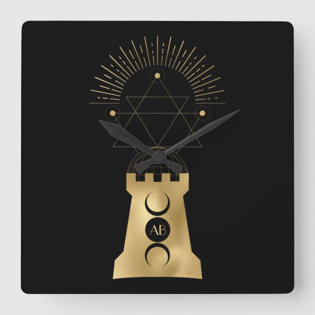 Erstellen Sie Ihr eigenes Gold Arcane Moon Tower T Quadratische Wanduhr (Vorderseite)