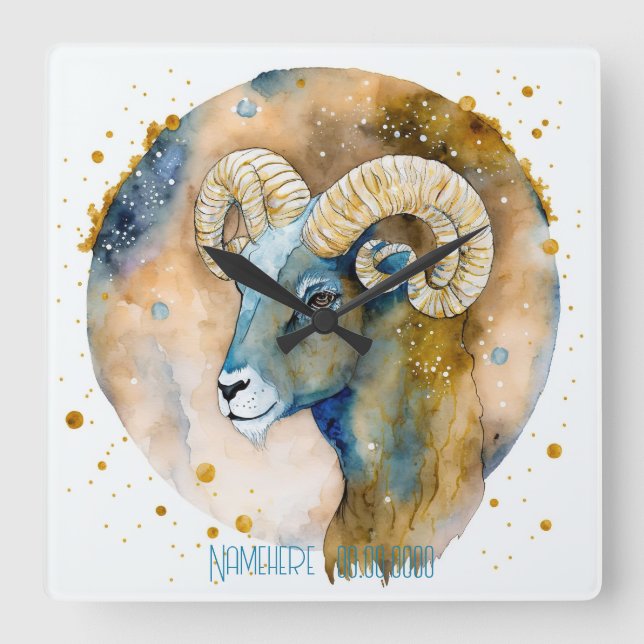 Erstellen Sie Ihr eigenes Gold & Blue Aries Zodiac Quadratische Wanduhr (Vorderseite)