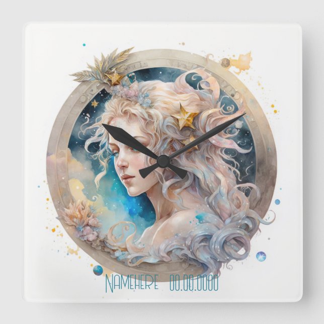 Erstellen Sie Ihr eigenes Gold & Blue Mystical Vir Quadratische Wanduhr (Vorderseite)