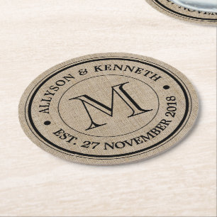 Erstellen Sie Ihr eigenes Jute-Retro-Logo-Monogram Runder Pappuntersetzer