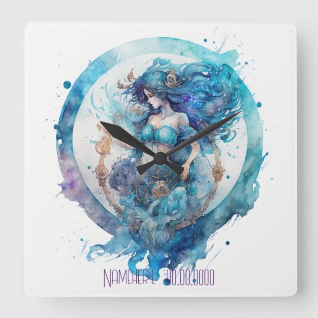 Erstellen Sie Ihr eigenes Lila und blaues Aquarius Quadratische Wanduhr (Vorderseite)
