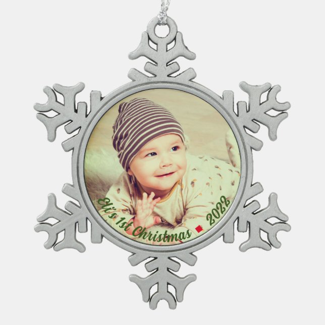 Erstellen Sie Ihr eigenes Personalisiertes Baby Fo Schneeflocken Zinn-Ornament (Vorderseite)