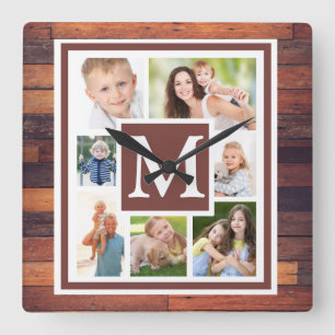 Erstellen Sie Ihr Foto Collage Rustic Wood Monogra Quadratische Wanduhr
