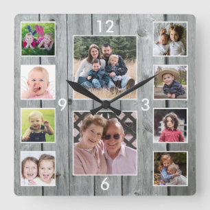 Erstellen Sie Ihre eigene 10-Foto-Collage Graues H Quadratische Wanduhr