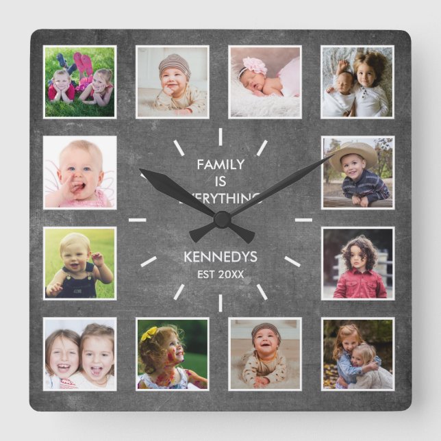 Erstellen Sie Ihre eigene 12 Collage Frame Chalkbo Quadratische Wanduhr (Vorderseite)