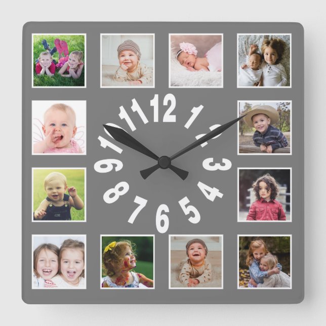 Erstellen Sie Ihre eigene 12-Familie Foto Collage  Quadratische Wanduhr (Vorderseite)