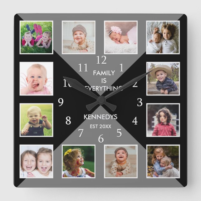 Erstellen Sie Ihre eigene 12-Familie Foto Collage  Quadratische Wanduhr (Vorderseite)