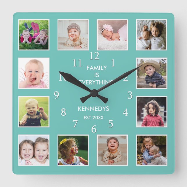 Erstellen Sie Ihre eigene 12 FamilienfotoCollage A Quadratische Wanduhr (Vorderseite)