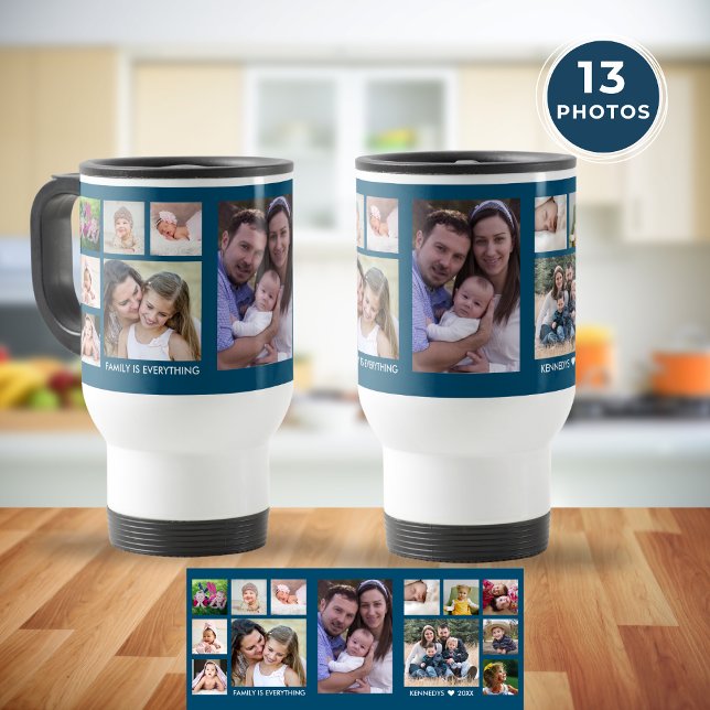Erstellen Sie Ihre eigene 13-Familie Foto Collage  Reisebecher (Create Your Own 13 Family Photo Collage Ocean Blue Travel Mug
)