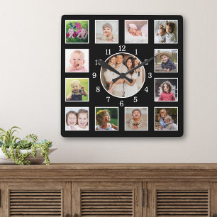 Erstellen Sie Ihre eigene 13-Familienfoto-Collage Quadratische Wanduhr