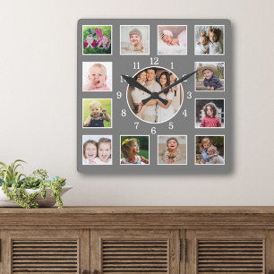 Erstellen Sie Ihre eigene 13 Familienfotocollage G Quadratische Wanduhr