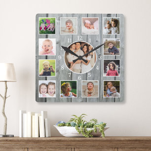 Erstellen Sie Ihre eigene 13-Foto-Collage Rustikal Quadratische Wanduhr