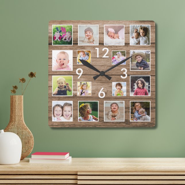 Erstellen Sie Ihre eigene 16-Familie Foto Collage  Quadratische Wanduhr (Create Your Own 16 Family Photo Collage Wood Square Wall Clock
)