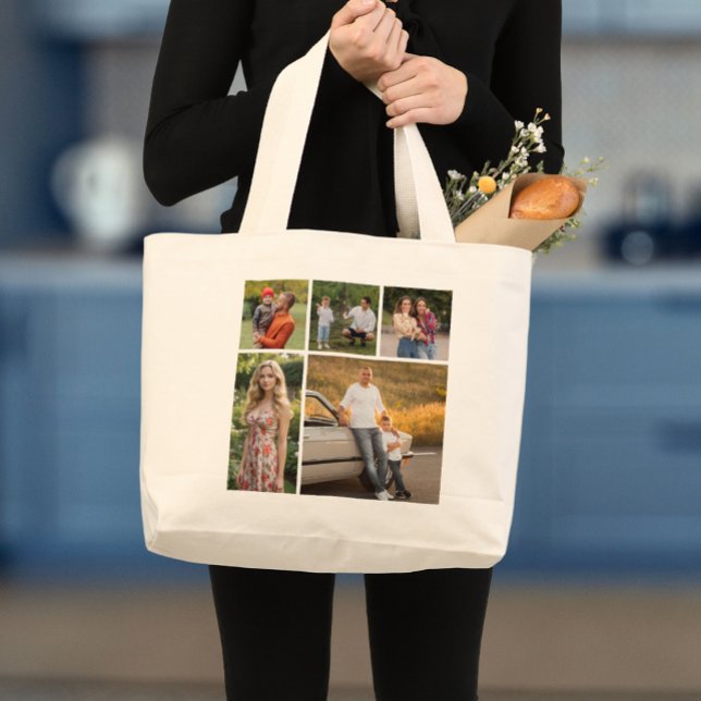 Erstellen Sie Ihre eigene 5-FotoCollage Jumbo Stoffbeutel (5 Photo Collage Large Tote Bag)