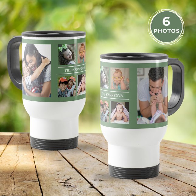 Erstellen Sie Ihre eigene 6 FotoCollage Family Gre Reisebecher (Create Your Own 6 Photo Collage Family Green Travel Mug)