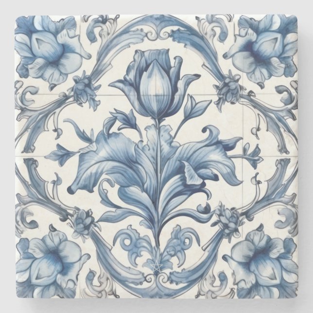 Erstellen Sie Ihre eigene blaue Chinoiserie-Blumen Steinuntersetzer (Vorderseite)