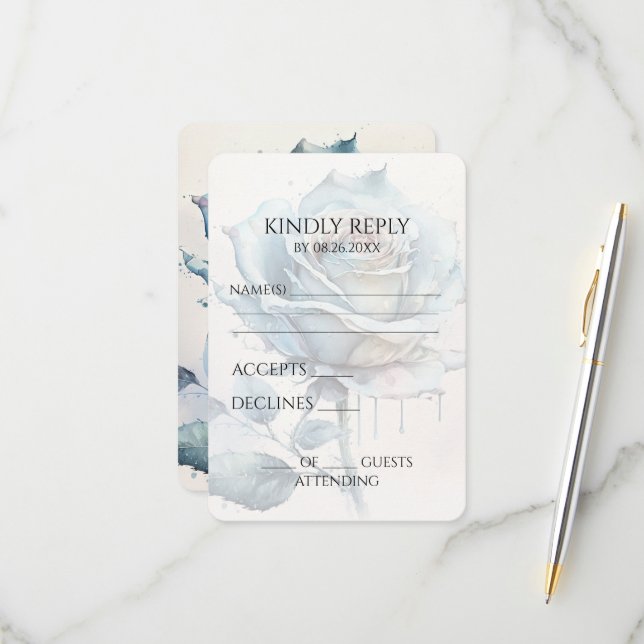 Erstellen Sie Ihre eigene Blue Watercolor-Rose RSVP Karte (Vorderseite/Rückseite Beispiel)